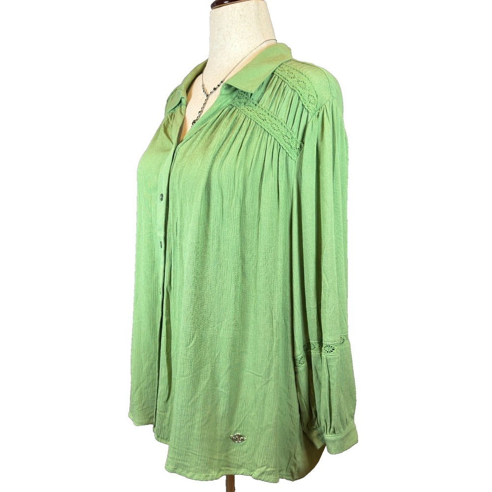 Adrienne Vittadini NWT Womens 2X Top Green Lace Inset Button Up Blouse Rayon